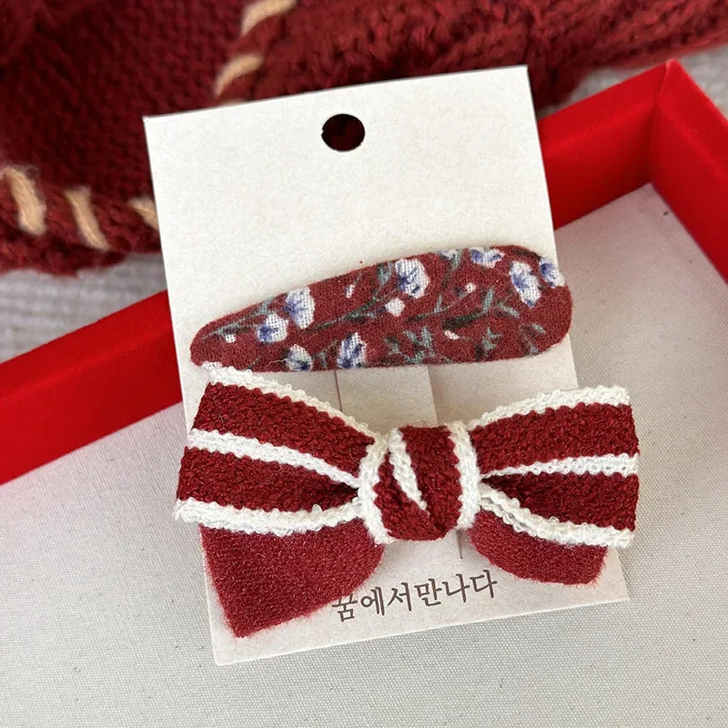 New Year Red Color Hair Clips Set Girls Sweet Bow Flowers Fabric Hairpins Child Cute Barrettes Christmas Hair Accessories Gifts