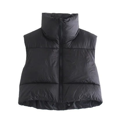 Autumn And Winter Women's Short Cotton Down Vest Short Stand-up Collar Warm Sleeveless Quilted Vest Outdoor Travel Jacket Tops