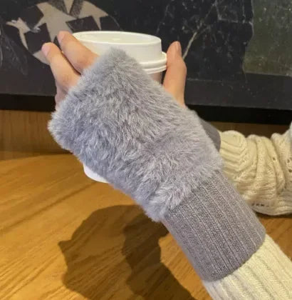 Mink Fleece Soft Winter Half Finger Gloves Women Warm Luxury Solid White Plush Knitted Fingerless Gloves Wrist Mittens Writting