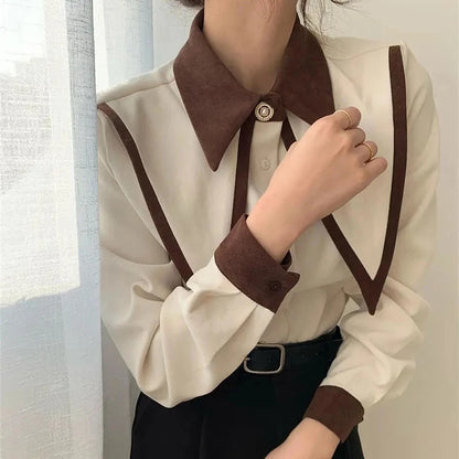 MEXZT Vintage Chiffon Shirts Women Elegant Patchwork Long Sleeve Blouses Office Lady Korean Black Turn Down Collar Casual Tops