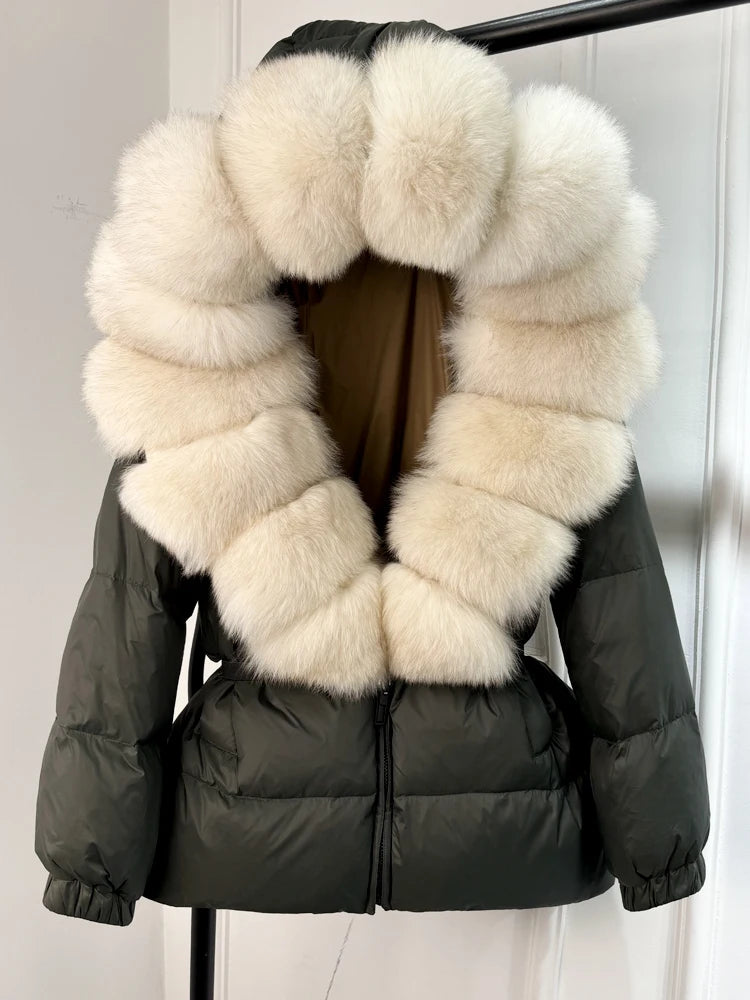 Janveny 2024 Winter Puffer Jacket Women Real Fox Fur Hooded Thick Warm 90% White Duck Down Coat Female Parkas Waterproof