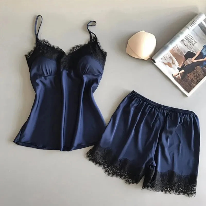 Women Pajama Suit Fashion V-Neck Stretch Satin Babydoll Lace Sexy Lingerie Bowknot Pyjamas Sleep Shorts Set Sleepwear New