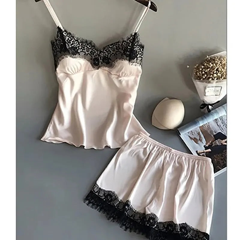 Women Pajama Suit Fashion V-Neck Stretch Satin Babydoll Lace Sexy Lingerie Bowknot Pyjamas Sleep Shorts Set Sleepwear New