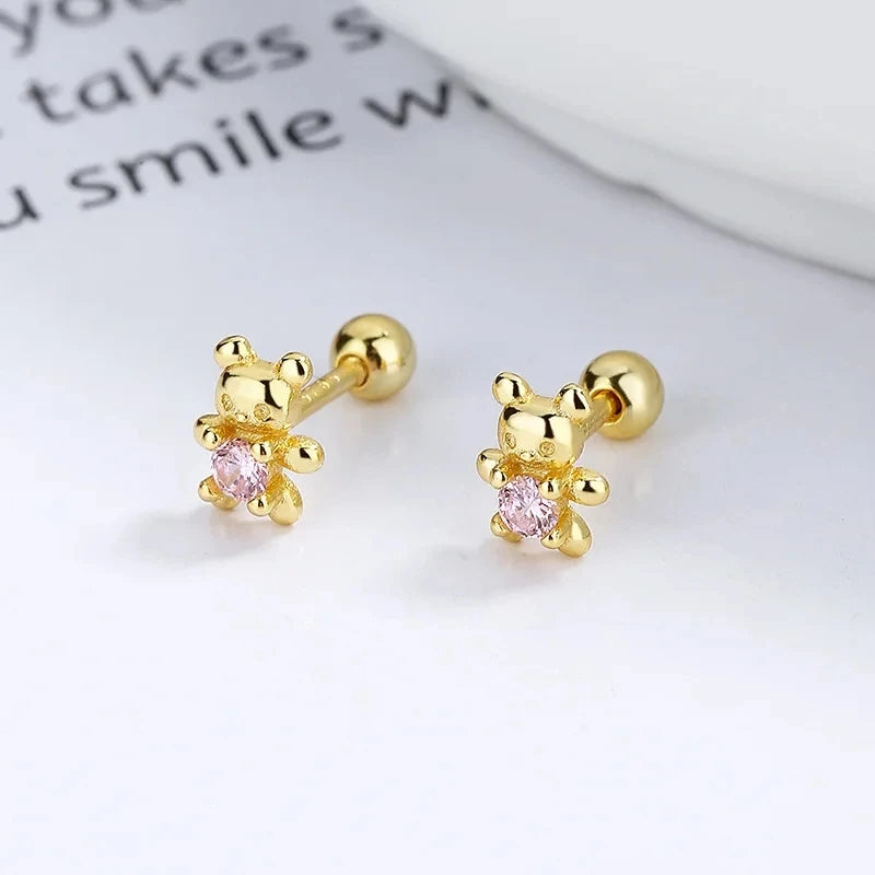 Fashion Cute Pink Zircon Bear Piercing Screw Ball Stud Earrings For Women Girl Gold Color Clover Charm Party Jewelry Accessories