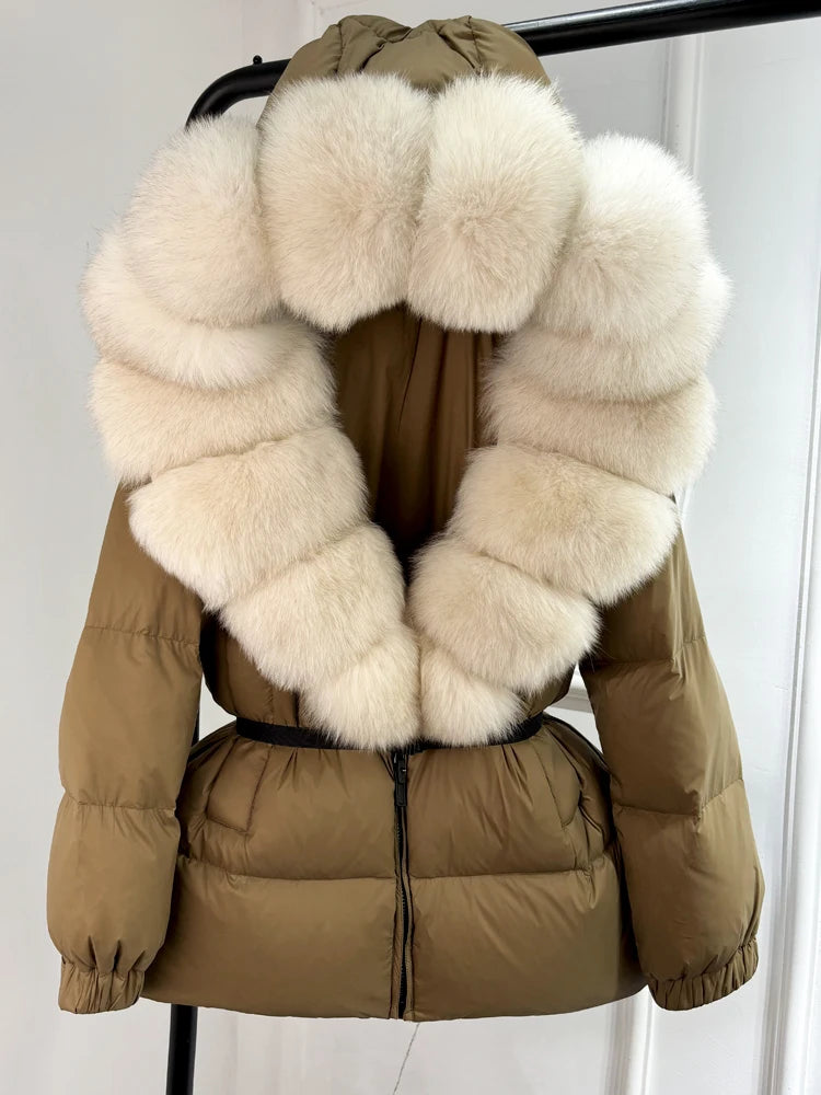 Janveny 2024 Winter Puffer Jacket Women Real Fox Fur Hooded Thick Warm 90% White Duck Down Coat Female Parkas Waterproof