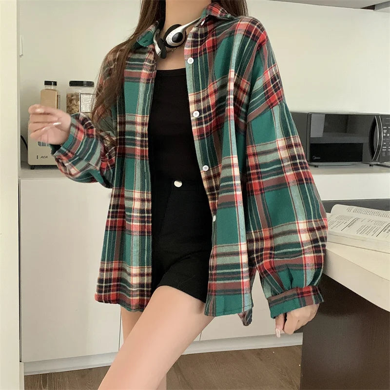 Plaid Shirt Women Autumn Long Sleeve Top Female Vintage Fashion Single Breasted Blouse Ladies Preppy Style Loose Check Shirts