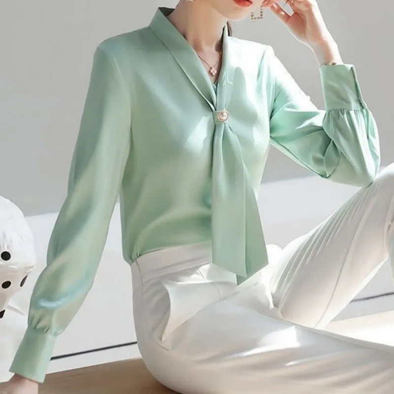 Women Spring Autumn Style Blouses Shirts Lady Casual Long Sleeve Bow Tie Collar Blusas Tops DF4958