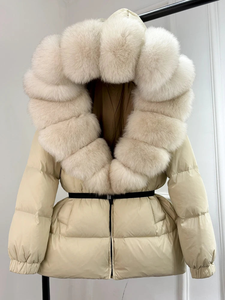 Janveny 2024 Winter Puffer Jacket Women Real Fox Fur Hooded Thick Warm 90% White Duck Down Coat Female Parkas Waterproof