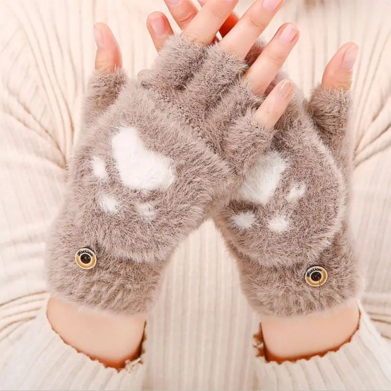 Thicken Women Warm Cat Gloves Fashion Girls Cat Claw Paw Plush Mittens Soft Plush Short Fingerless Half Finger Winter Gloves