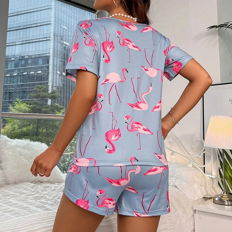 Women Pajamas Set Sleepwear Short Sleeve Tops Shorts Pajama Sets Round Neck Pyjama Femme Ladies Flamingo Print Lounge Home Wear