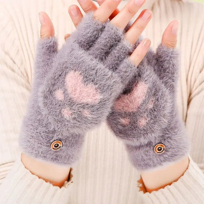 Thicken Women Warm Cat Gloves Fashion Girls Cat Claw Paw Plush Mittens Soft Plush Short Fingerless Half Finger Winter Gloves