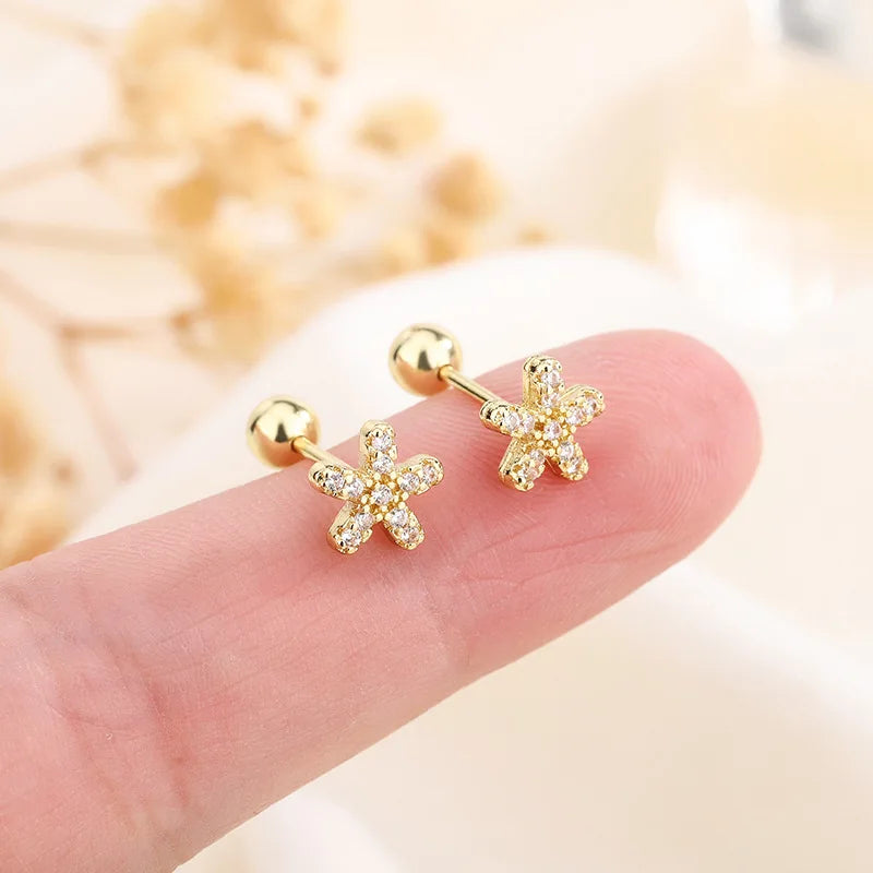 Fashion Cute Pink Zircon Bear Piercing Screw Ball Stud Earrings For Women Girl Gold Color Clover Charm Party Jewelry Accessories