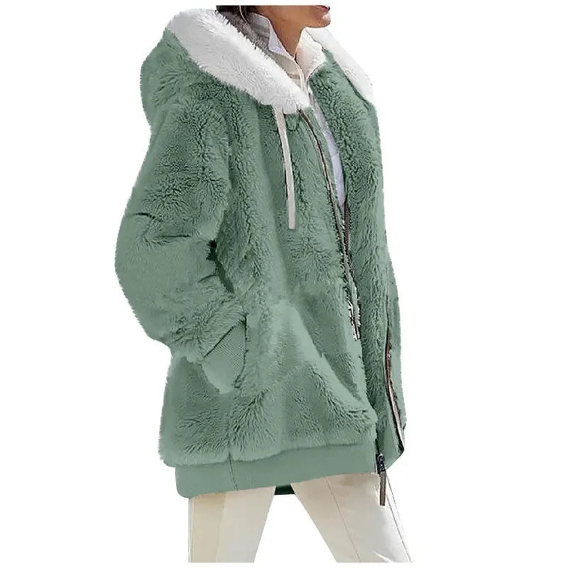 Autumn Winter Fashion Women's Coat New Casual Hooded Zipper Lady Clothes Cashmere Female Fleece Jacket Solid Color Ladies Coats