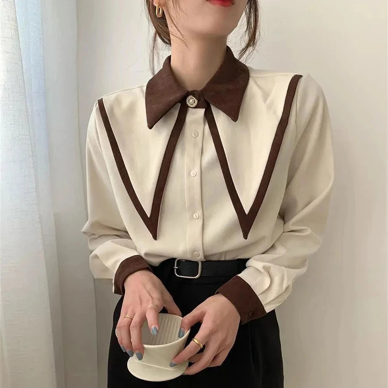 MEXZT Vintage Chiffon Shirts Women Elegant Patchwork Long Sleeve Blouses Office Lady Korean Black Turn Down Collar Casual Tops