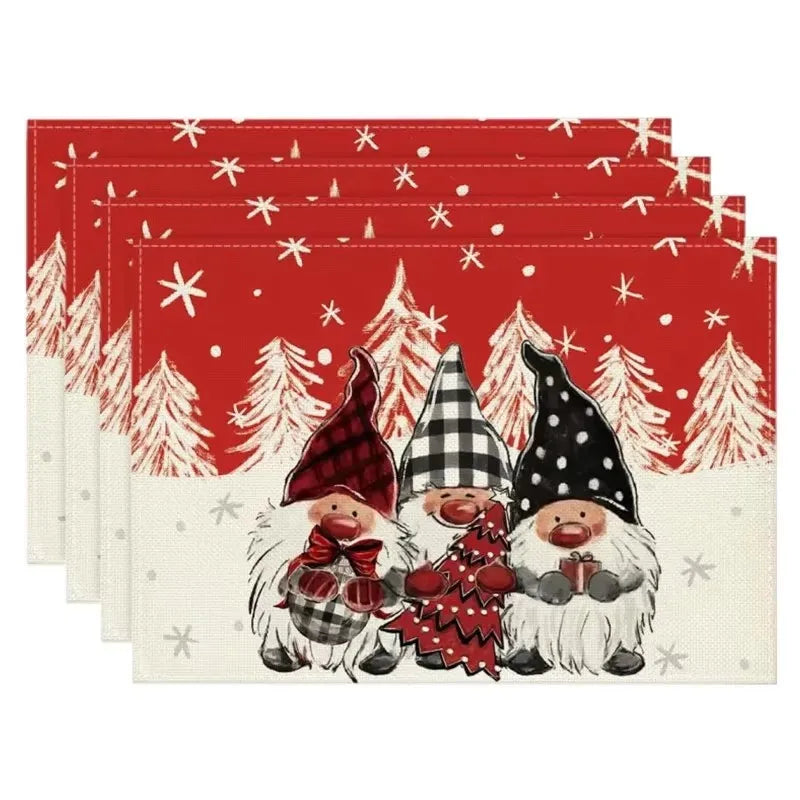 4PCS Christmas Placemats 30x45cm Linen Christmas Trees Snowflake Gnome Print Table Mats 2024 Xmas Table Pads For Home Hotel