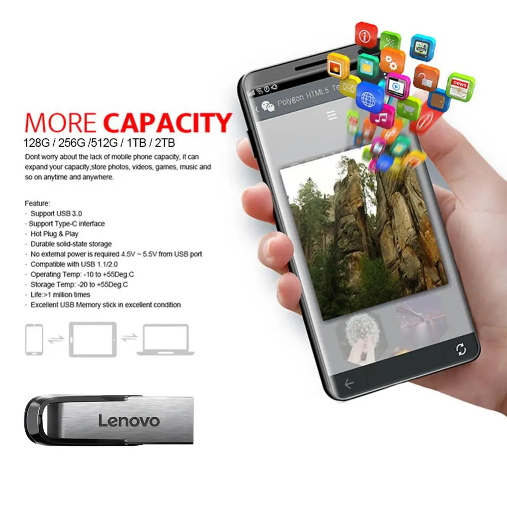 Lenovo Usb Flash Drive 2TB 1TB USB 3.0 Waterproof High Speed USB Stick Portable 128GB SSD 512GB Metal Pendrive U Disk Memories