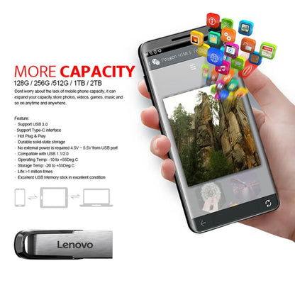 Lenovo Usb Flash Drive 2TB 1TB USB 3.0 Waterproof High Speed USB Stick Portable 128GB SSD 512GB Metal Pendrive U Disk Memories