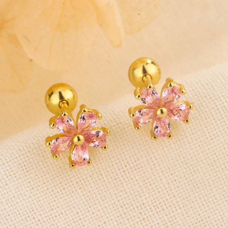 Fashion Cute Pink Zircon Bear Piercing Screw Ball Stud Earrings For Women Girl Gold Color Clover Charm Party Jewelry Accessories