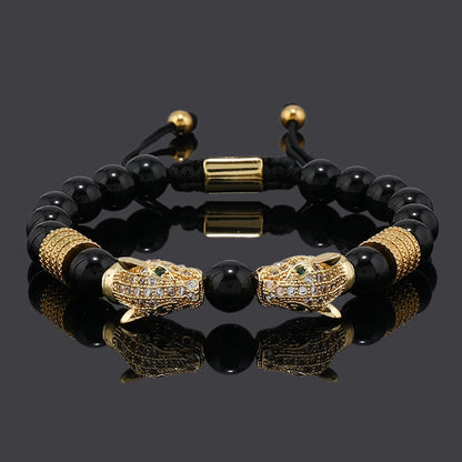 Luxury Black Stone Beads Man Bracelet Leopard Head Charms Women Bracelets Couple Jewelry Valentine's Day