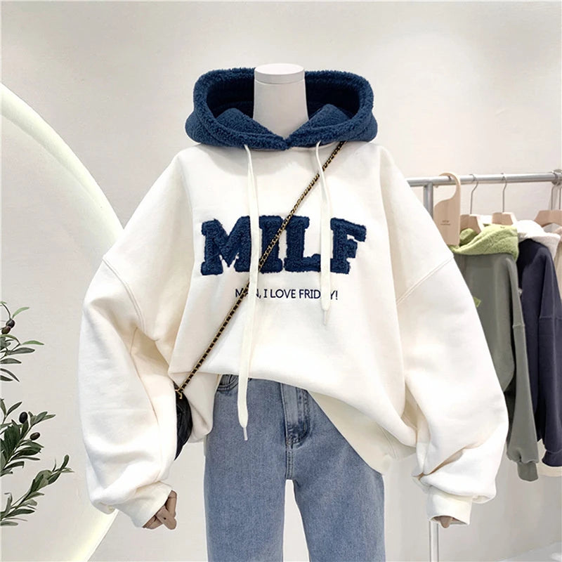 Fashion Patchwork Oversize Sweatshirt Women Winter Casual Loose Cotton Thick Letter Long Sleeve Hoodies Female Streetwear