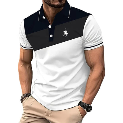 Summer Men Casual Short Sleeve Lapel Slim Fit Polo Shirt Men Spell Color Fitness Tops .