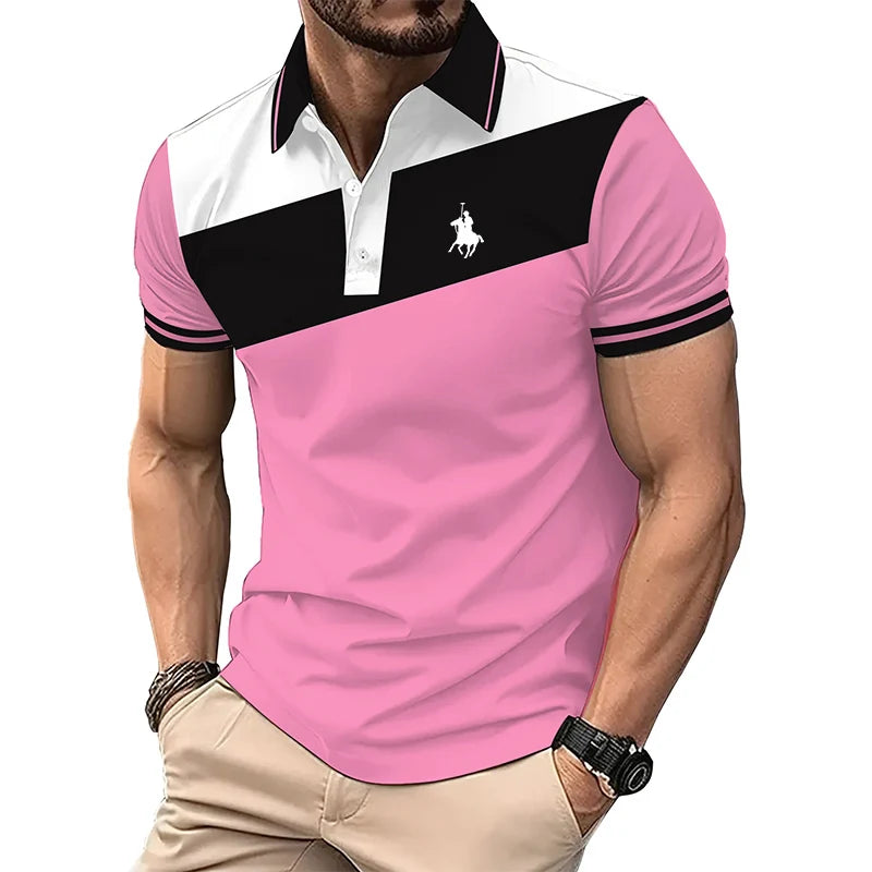 Summer Men Casual Short Sleeve Lapel Slim Fit Polo Shirt Men Spell Color Fitness Tops .