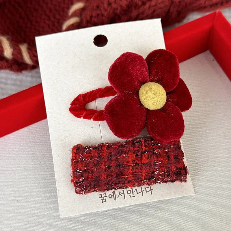 New Year Red Color Hair Clips Set Girls Sweet Bow Flowers Fabric Hairpins Child Cute Barrettes Christmas Hair Accessories Gifts