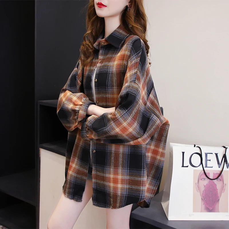 Plaid Shirt Women Autumn Long Sleeve Top Female Vintage Fashion Single Breasted Blouse Ladies Preppy Style Loose Check Shirts