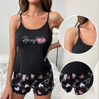 Women's Sleepwear Pyjama Set Black Comfortable Casual Print Short Sleeveless Pajamas Set Homewear