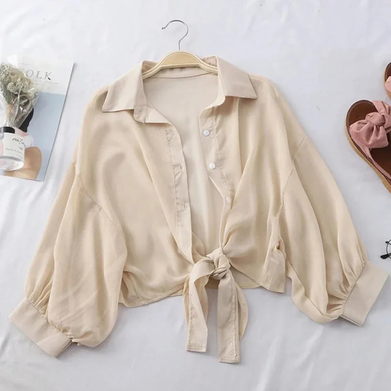 Casual Loose Hollow White Clothes Elegant Solid Color Tied Waist Blouse Women Summer Bat Half Sleeve Button Chiffon Shirt 9776