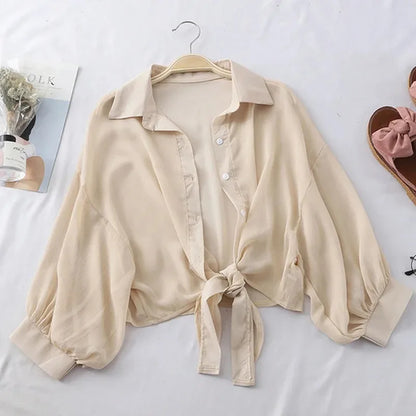 Casual Loose Hollow White Clothes Elegant Solid Color Tied Waist Blouse Women Summer Bat Half Sleeve Button Chiffon Shirt 9776