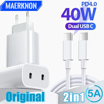 40W USB PD Charger 2 Ports Type C Quick Charge EU/US Plug For iPhone15 Huawei Samsung Xiaomi Fast Charging Phone Charger Adapter