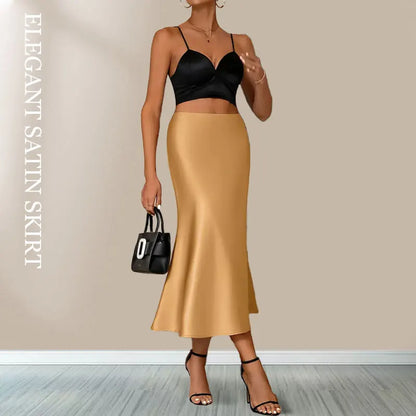 Satin Skirts for Women Korean Style Champagne Office High Waist A-line Skort Fashion Elegant Solid Long Pencil Skirt Silk Like