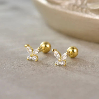 Fashion Cute Pink Zircon Bear Piercing Screw Ball Stud Earrings For Women Girl Gold Color Clover Charm Party Jewelry Accessories