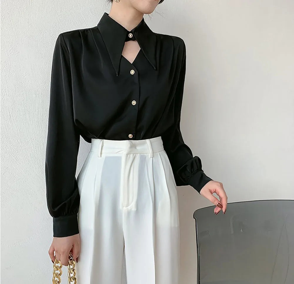 Women's Satin Shirt Spring Autumn Korean Temperament Long-sleeved Button-down Shirts Office Lady Work Wear Female Blouses Top