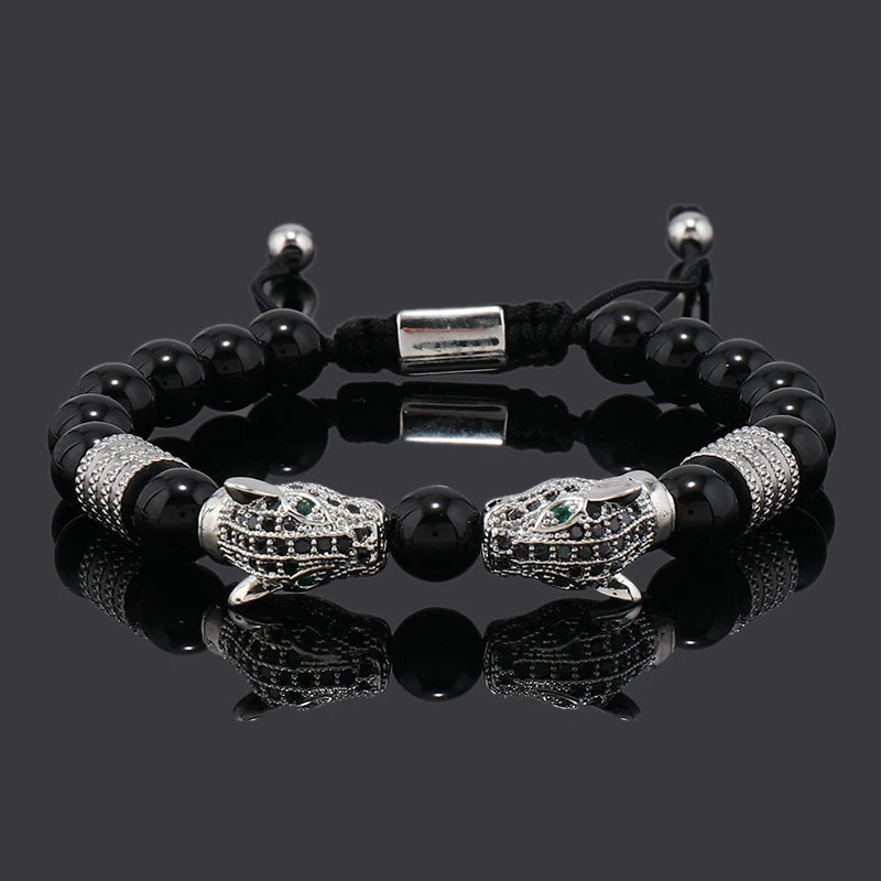 Luxury Black Stone Beads Man Bracelet Leopard Head Charms Women Bracelets Couple Jewelry Valentine's Day