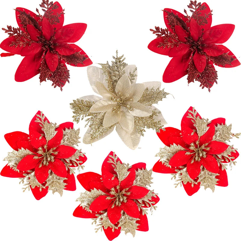 10/5pcs 15cm Glitter Christmas Flowers Artificial Poinsettia Flower Head Xmas Tree Ornament Home Decoration Navidad new year