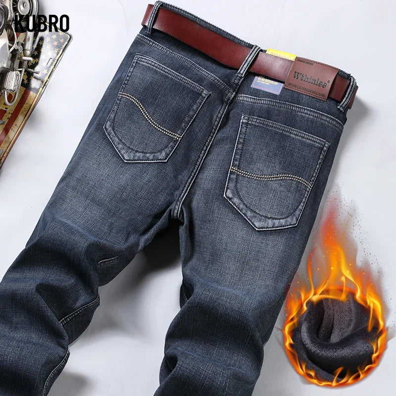 Winter Thermal Warm Flannel Stretch Jeans Mens Winter Quality Famous Brand Fleece Pants Straight Flocking Trousers Denim Jean