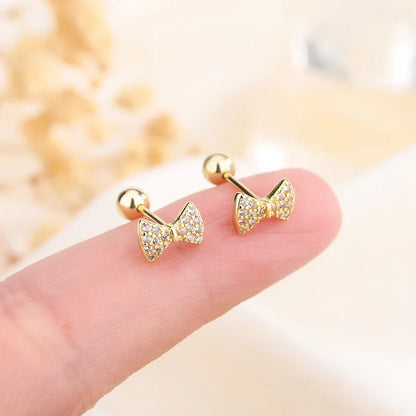 Fashion Cute Pink Zircon Bear Piercing Screw Ball Stud Earrings For Women Girl Gold Color Clover Charm Party Jewelry Accessories