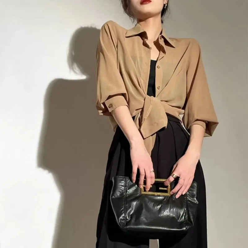 Xpqbb Chiffon Blouse for Women 2024 Summer Sheer Mesh Long Sleeve Sun Protection Shirts Korean Fashion Office Lady Shirt Tops