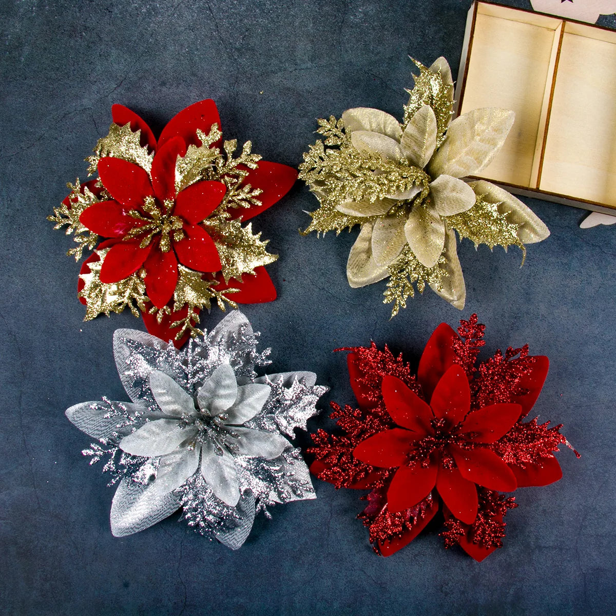 10/5pcs 15cm Glitter Christmas Flowers Artificial Poinsettia Flower Head Xmas Tree Ornament Home Decoration Navidad new year