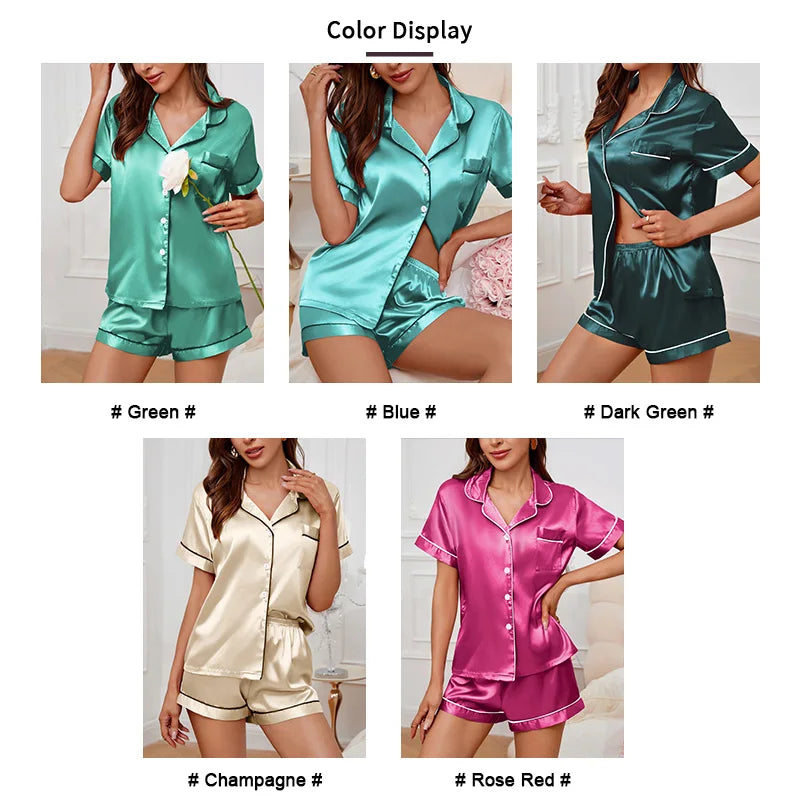 Women's Satin Pajama Set Summer Sleepwear Loungewear Short Sleeve Lapel Top & Shorts Pyjamas Button Home Clothes Pajamas Pjs Set