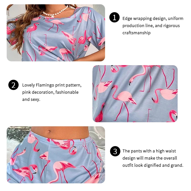 Women Pajamas Set Sleepwear Short Sleeve Tops Shorts Pajama Sets Round Neck Pyjama Femme Ladies Flamingo Print Lounge Home Wear