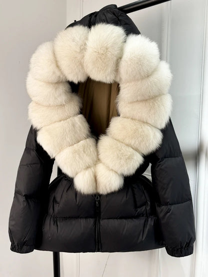 Janveny 2024 Winter Puffer Jacket Women Real Fox Fur Hooded Thick Warm 90% White Duck Down Coat Female Parkas Waterproof