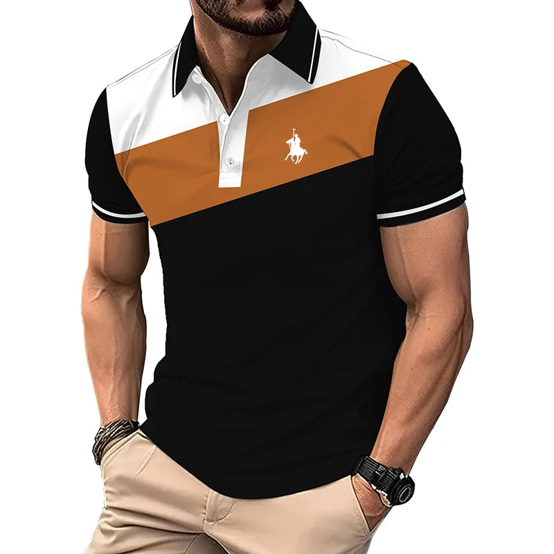 Summer Men Casual Short Sleeve Lapel Slim Fit Polo Shirt Men Spell Color Fitness Tops .