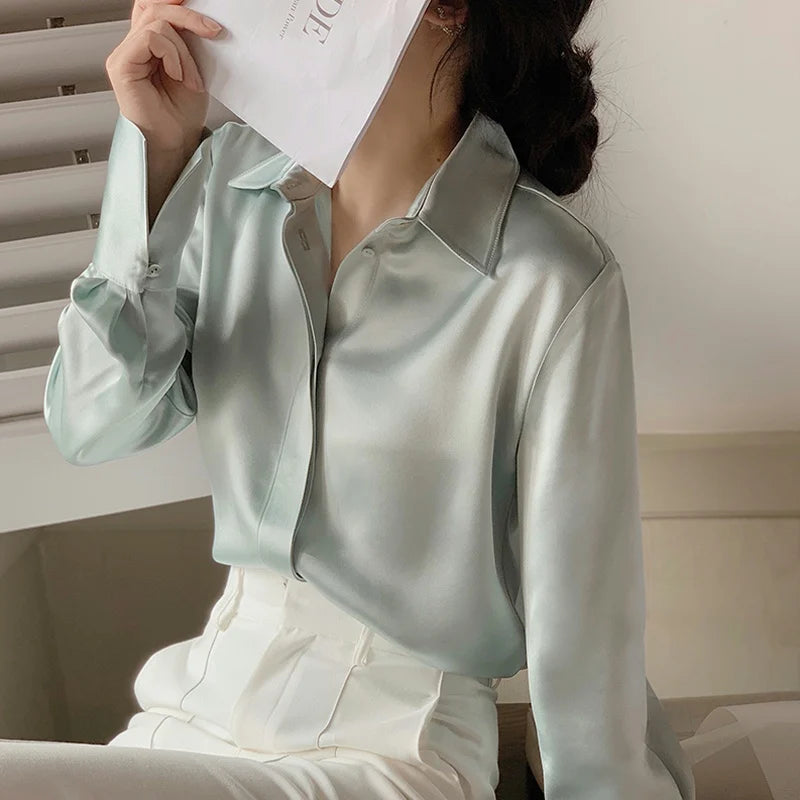 Women's Satin Blouse Long Sleeve French Fashion Solid Color Shirts Office Lady Clothes Elegant Woman Shirts Korean Ladies Wear