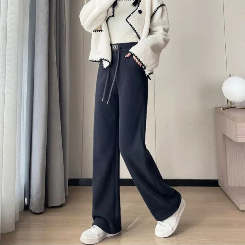 Plus Size Thickened Fleece-Lined Corduroy Straight-Leg Pants For Women Autumn/Winter Special High-Quality Woolen Material