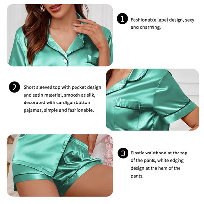 Women's Satin Pajama Set Summer Sleepwear Loungewear Short Sleeve Lapel Top & Shorts Pyjamas Button Home Clothes Pajamas Pjs Set