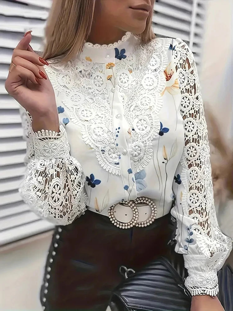 Shirts Elegant Office Ladies White Collared Lace Patchwork Hollow Out Button Up Womens Tops And Blouses 2024 Fashion New Blouse