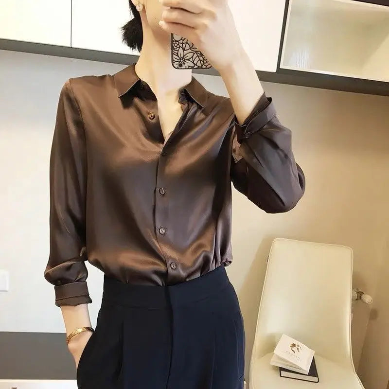 All-match Satin Finish Shirts And Blouses Women Clothing Casual Top OL Long Sleeve Button Elegant Shirts French Solid Blouses